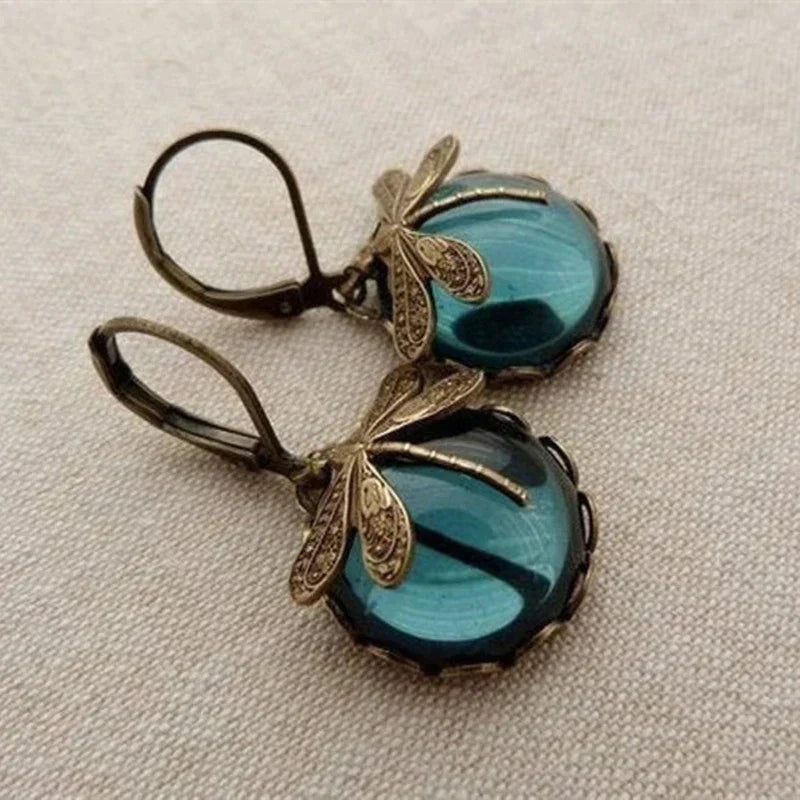Spherical dragonfly earrings in antique gold